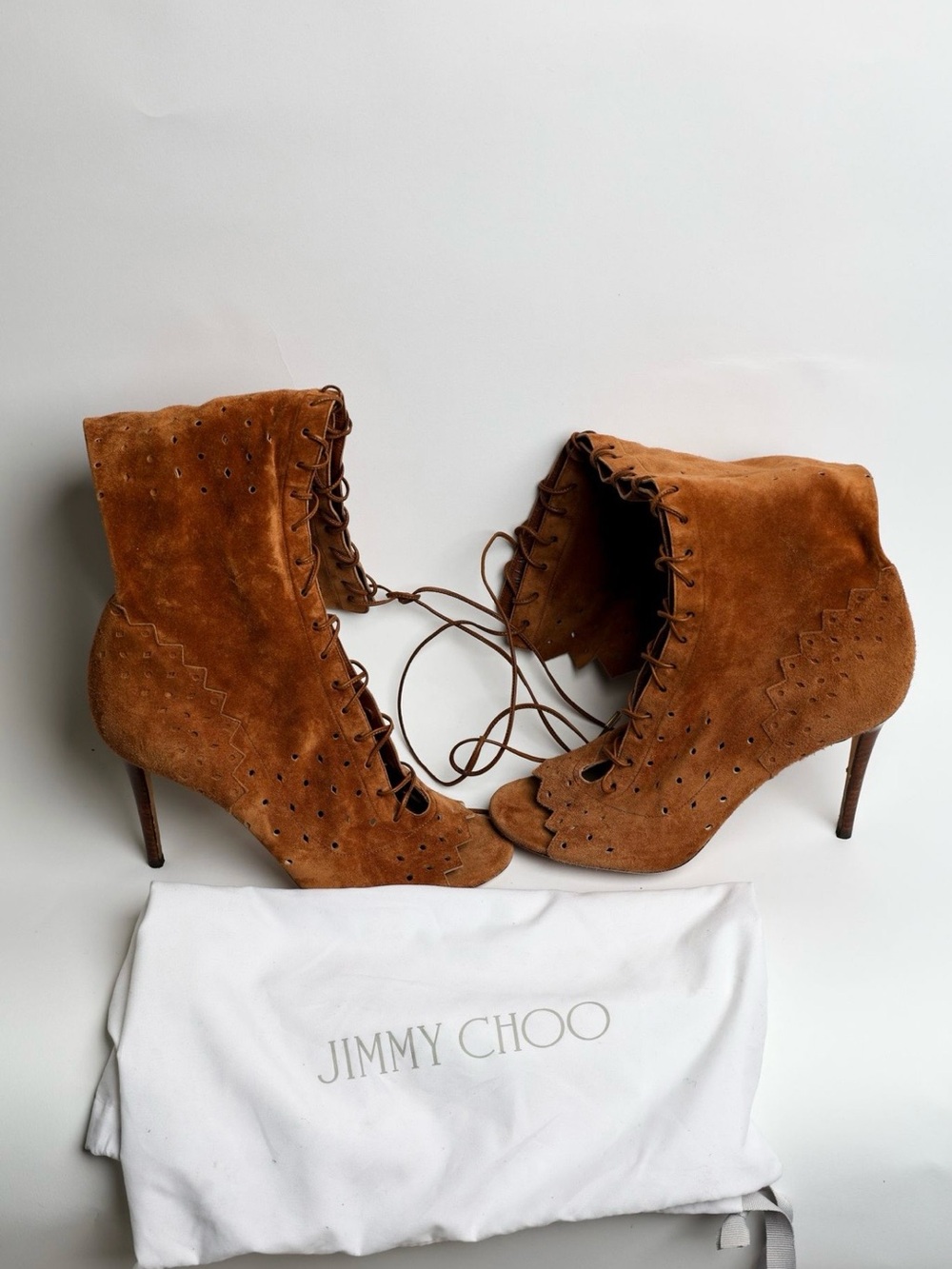 Jimmy Choo Tan Suede Lace-Up Peep-Toe Boots - Picture 4 of 5